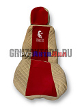 Чехол сиденья премиум КАМАЗ (2 высоких сидения) К70; бежевая кожа + красный велюр